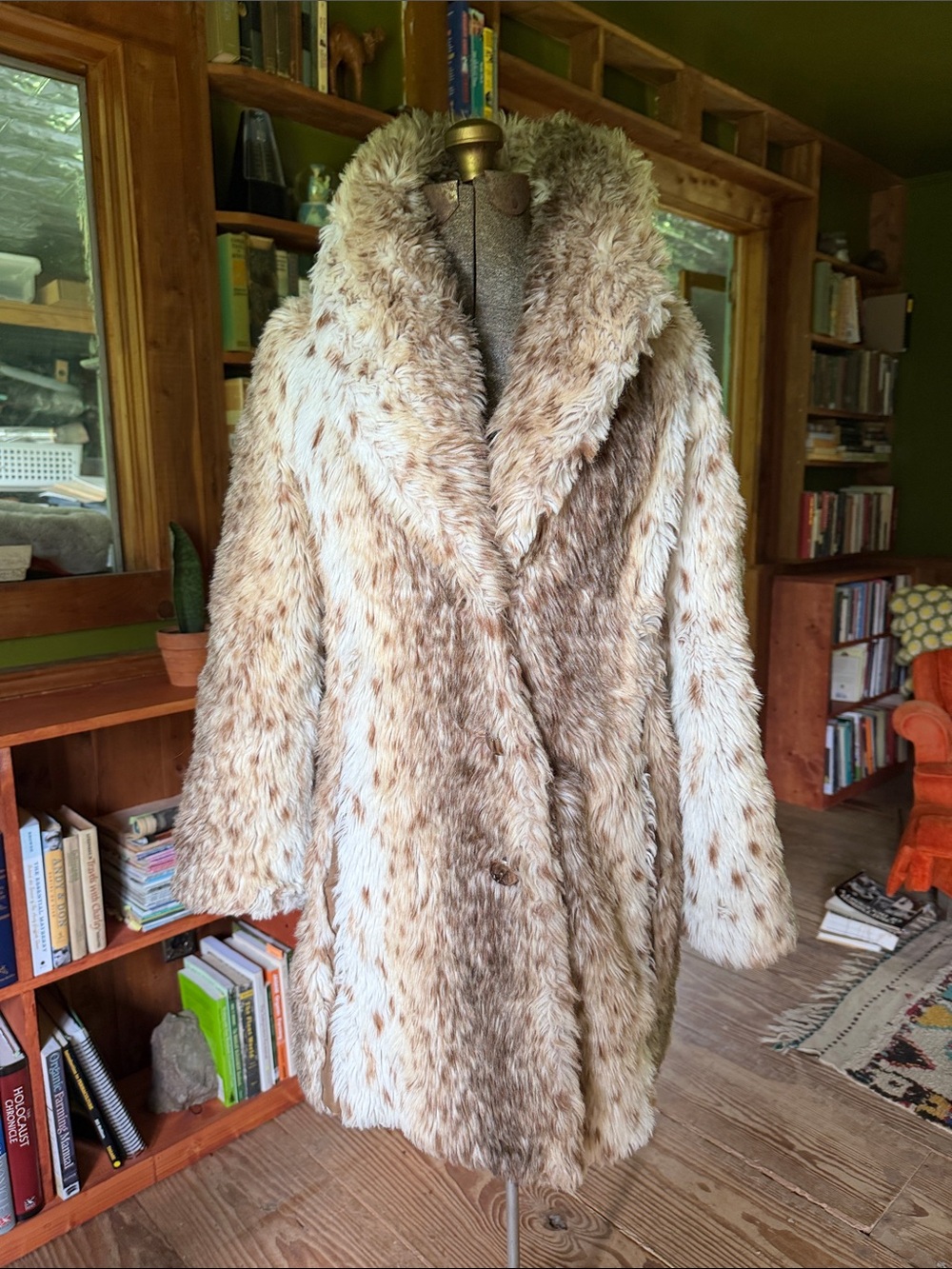 Tissavel of France Cream and Brown Faux-Fur Coat